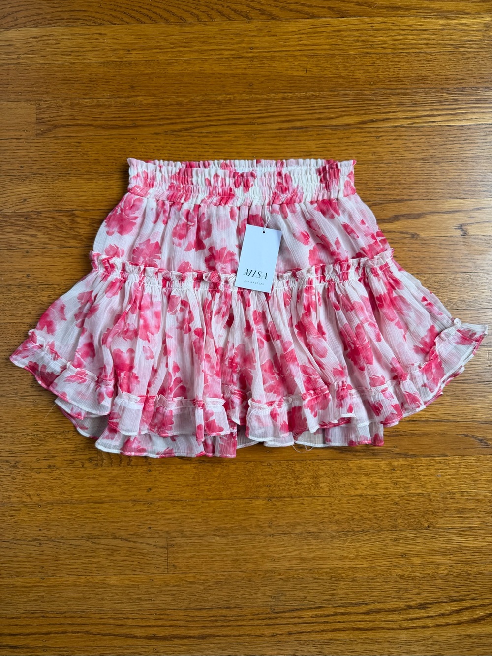 Small hole - Misa Los Angeles Pink Floral Ruffle Tiered Mini Skirt (XS)